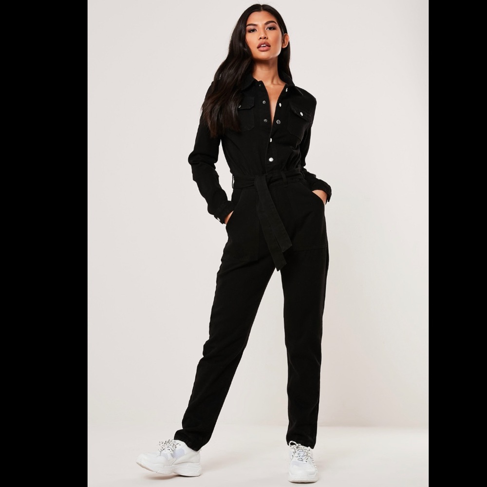 Black Boiler Button Through Denim Jumpsuit